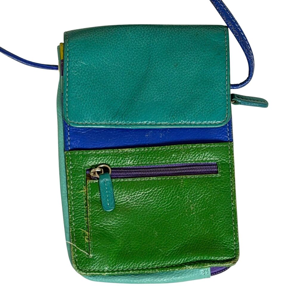 RFID Crossbody Purse Bag Wallet Cell Phone Holder Leather Blue Green bv